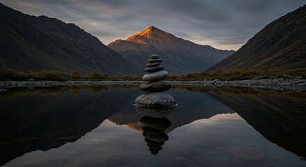 Serene Mountain Reflection with Balanced Stones