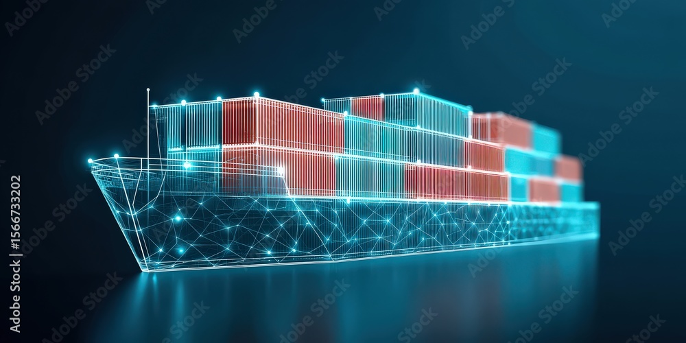 Poster cargo management delivery optimization concept. digital rendering of a cargo ship with containers in