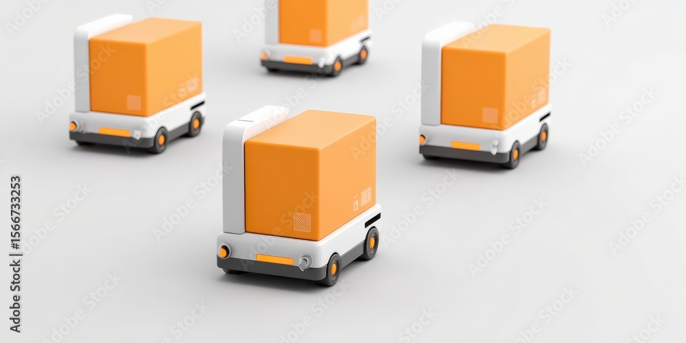 Poster cargo management delivery optimization concept. small delivery robots with orange boxes on a white b