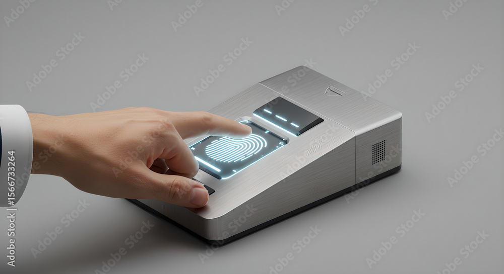 Poster man scanning fingerprint on biometric device. digital security system. touch identification for cybe
