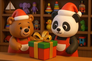 Cute Bear and Panda Wrapping Christmas Gift in Toy Shop &ndash; 3D Holiday Illustration