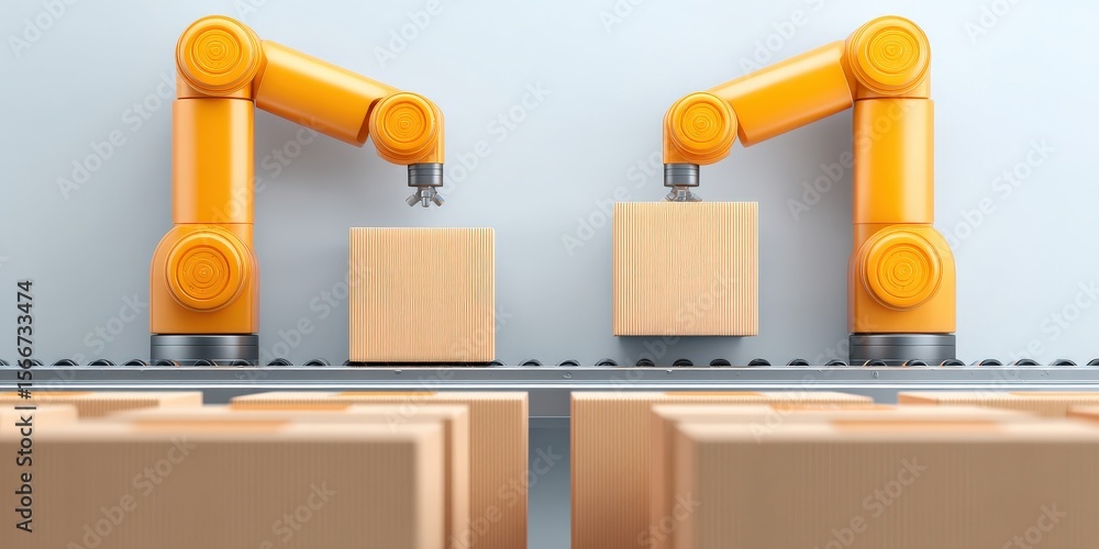 Poster cargo management delivery optimization concept. robotic arms stacking wooden blocks in a factory set