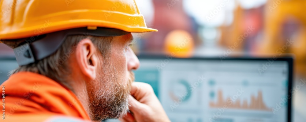Poster cargo management delivery optimization concept. construction worker analyzing data on a computer scr