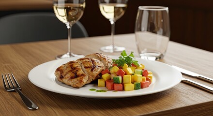 An Exquisite Dinner Experience: Savoring Each Course at Our Cozy Eatery with Fine Glasses of Water and Delicately Plated Food