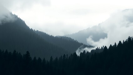 A misty mountain landscape with evergreen trees and fog rolling through the valleys and mountain peaks