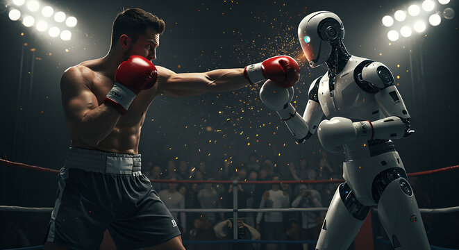 Male boxer fighting a robot in a boxing ring, concept of human versus artificial intelligence in sport and competition.