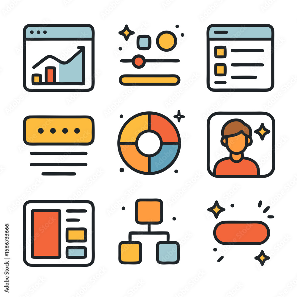 Aufkleber user interface nine colorful data interface icons for design projects. great for web development, ap