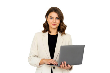 young beautyful business woman with laptop on transparent
