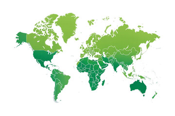 World map showing countries in various shades of green color gradient, isolated on a transparent background