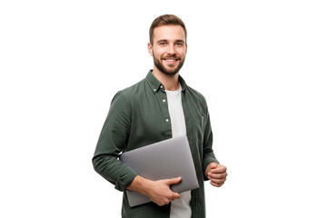 portrait of a young businessman holding laptop isolated on transparent