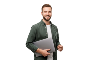 portrait of a young businessman holding laptop isolated on transparent
