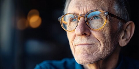 elderly man wearing glasses looking thoughtfully into the distance at sunset