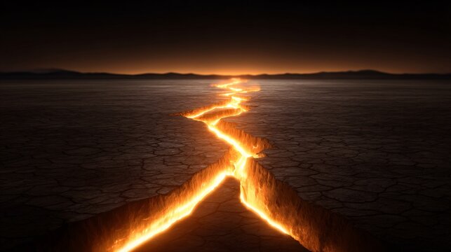 volcanic fissure opening in ground, lava spewing sideways, earth rupture effect 