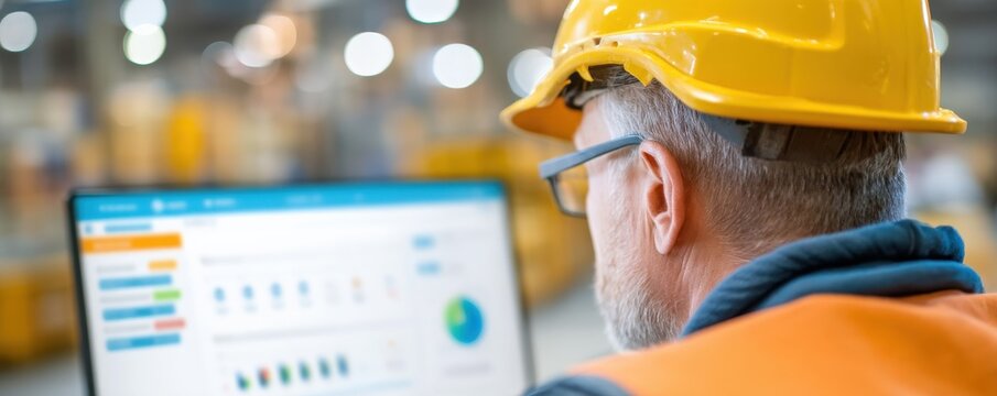 cargo management delivery optimization concept. Worker monitoring data on a laptop in a warehouse setting.