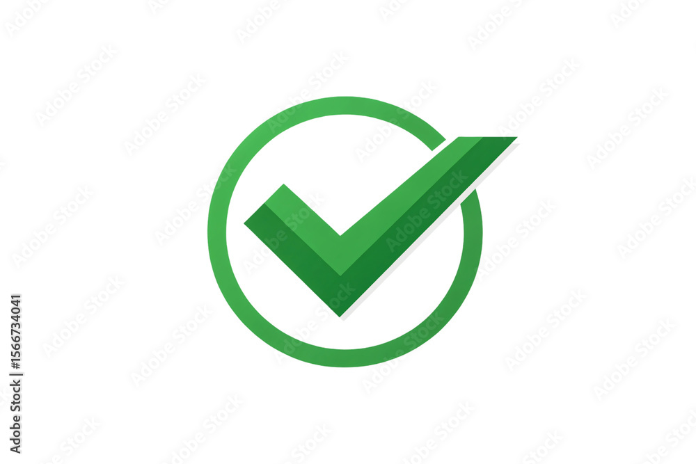 Poster green checkmark inside circular ring with modern flat design and clean geometric styling, isolated o