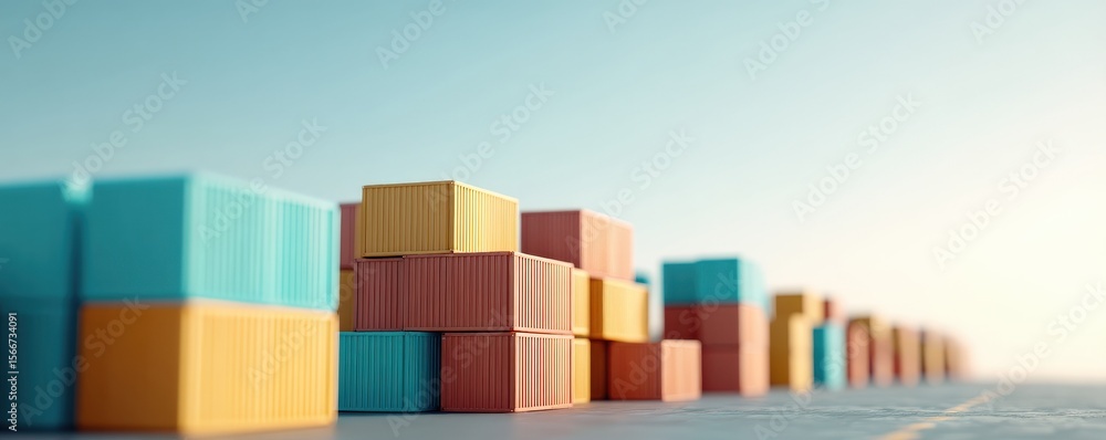 Poster cargo management delivery optimization concept. colorful shipping containers stacked in a row by the