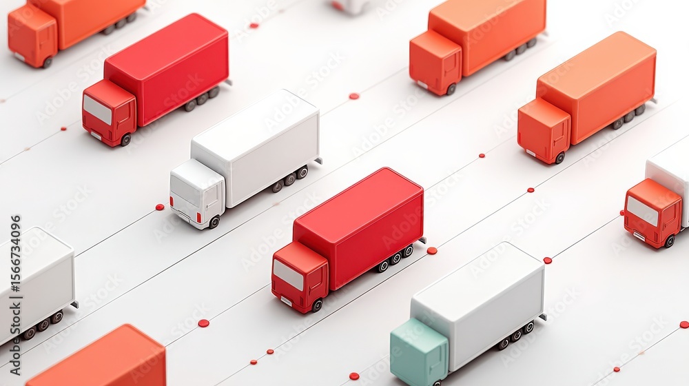 Poster cargo management delivery optimization concept. colorful trucks arranged in a grid pattern on a flat