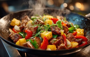 A steaming, vibrant sweet and sour stir-fry featuring juicy meat, colorful bell peppers, pineapple chunks, and fresh herbs, all in a wok