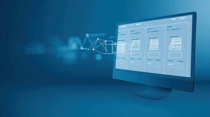 cargo management delivery optimization concept. Digital screen displaying wireframe design elements in blue tones.