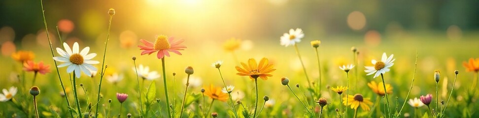 Fototapeta premium A sun-drenched meadow of wildflowers swaying gently in the breeze, a picturesque scene of idyllic beauty and serenity Perfect for concepts of peace, joy, and natural beauty , green, plant