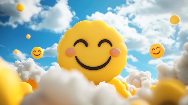 A cheerful, smiling emoji with a yellow face and a wide, open mouth, surrounded by fluffy clouds in a blue sky.