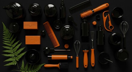 Black and Orange Tools and Objects Arranged on a Dark Background