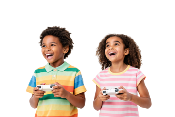 Two smiling children in rainbow striped clothing holding white game controllers joyfully, isolated on a transparent background