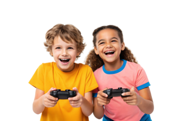 Two happy children holding gaming controllers while smiling and playing video games together, isolated on a transparent background