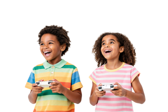 Two smiling children in rainbow striped clothing holding white game controllers joyfully, isolated on a transparent background - Powered by Adobe