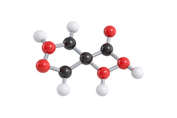 Obraz premium 3D molecular structure model with red oxygen atoms and black carbon atoms connected by bonds, isolated on a transparent background