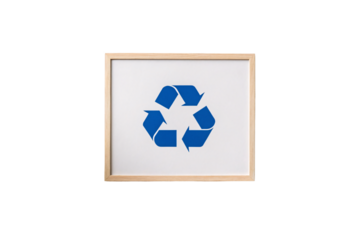 Blue recycling symbol in wooden frame with three curved arrows forming triangular cycle, isolated on a transparent background