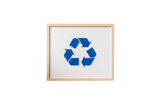 Blue recycling symbol in wooden frame with three curved arrows forming triangular cycle, isolated on a transparent background