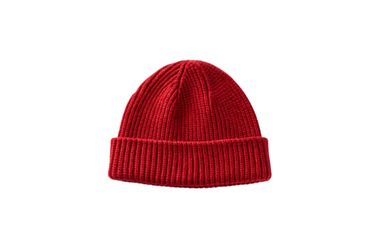 Red ribbed knit winter beanie hat with folded cuff brim, isolated on a transparent background