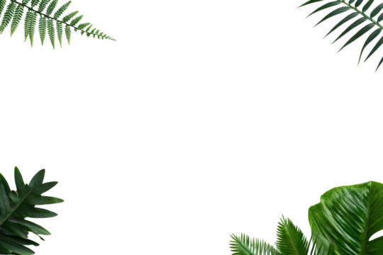 Tropical fern and palm leaves creating decorative natural frame border, isolated on a transparent background
