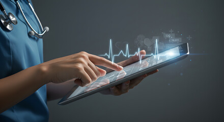 Woman doctor using futuristic medical technology. Digital heart monitor and health data on a tablet for healthcare analytics.