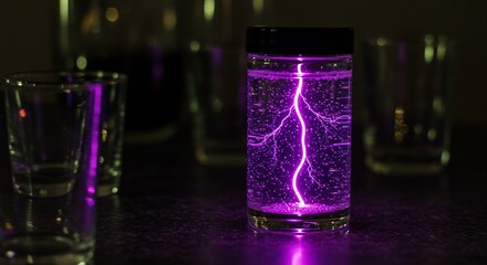 Purple Lightning in a Glass Jar with Bubbles on a Dark Surface
