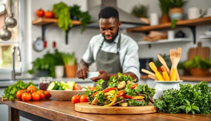 African American man preparing a colorful vegetable dish in a bright kitchen.