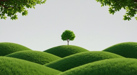 Solitary tree atop grassy knoll, framed by leafy branches against a bright sky