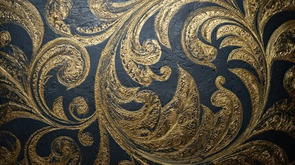 Ornate golden floral pattern dark background luxury texture swirling design