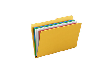 Yellow file folder containing multiple colored documents and papers stacked neatly inside, isolated on a transparent background