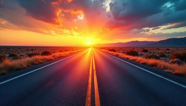 Endless asphalt ribbon stretching towards a vibrant sunset horizon, promising adventure and open road freedom Perfect for travel, wanderlust, and vacation themes , open road, golden hour