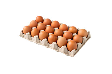 Brown eggs piled in cardboard egg tray, natural farm fresh eggs arrangement, isolated on a transparent background
