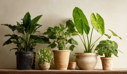Obraz premium Lush green houseplants in terracotta pots create a tranquil indoor garden scene, perfect for home decor inspiration.