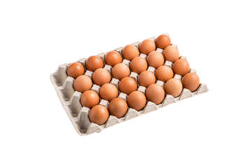 Thirty brown eggs in cardboard flat, five rows of six eggs each, viewed at angle, isolated on a transparent background