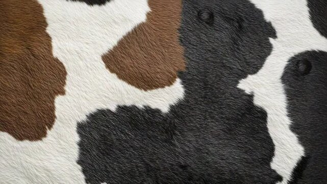 Close-up of tri-color cowhide texture; brown, black, and white fur pattern.