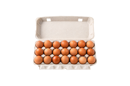 Open cardboard egg carton containing twenty-one brown eggs, three rows of seven eggs, hinged lid open, isolated on a transparent background