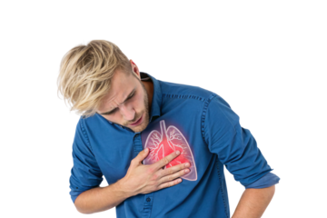 Young blonde man in blue shirt clutching chest with glowing red lung illustration overlay, isolated on a transparent background