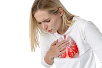 Blonde woman in white shirt touching chest with glowing red lung illustration showing respiratory distress, isolated on a transparent background