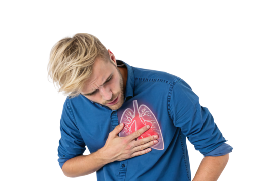 Young blonde man in blue shirt clutching chest with glowing red lung illustration overlay, isolated on a transparent background