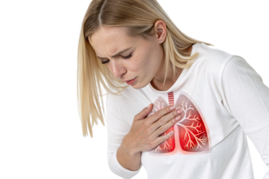 Blonde woman in white shirt touching chest with glowing red lung illustration showing respiratory distress, isolated on a transparent background